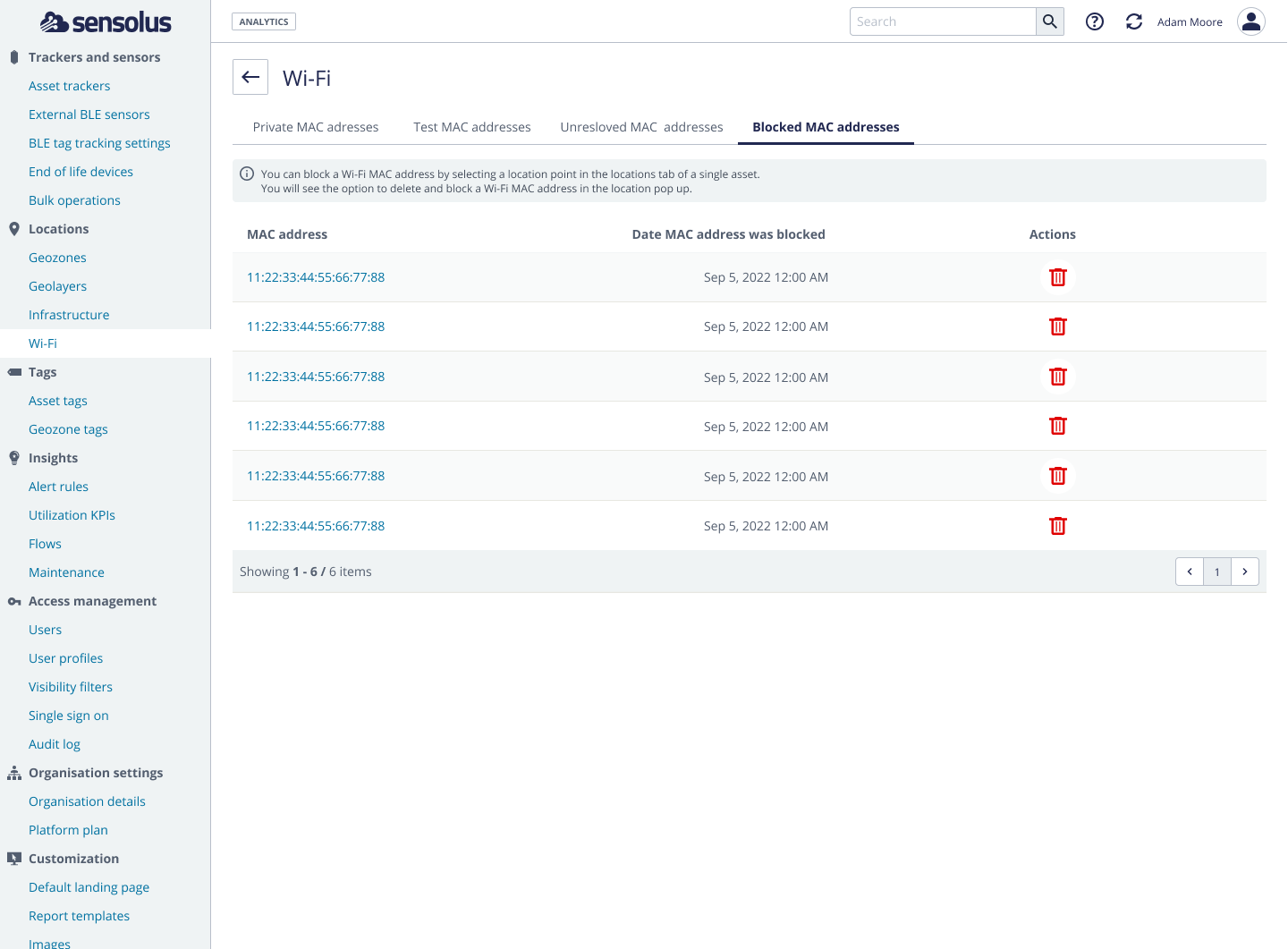 Overview of blocked Wi-Fi MAC addresses